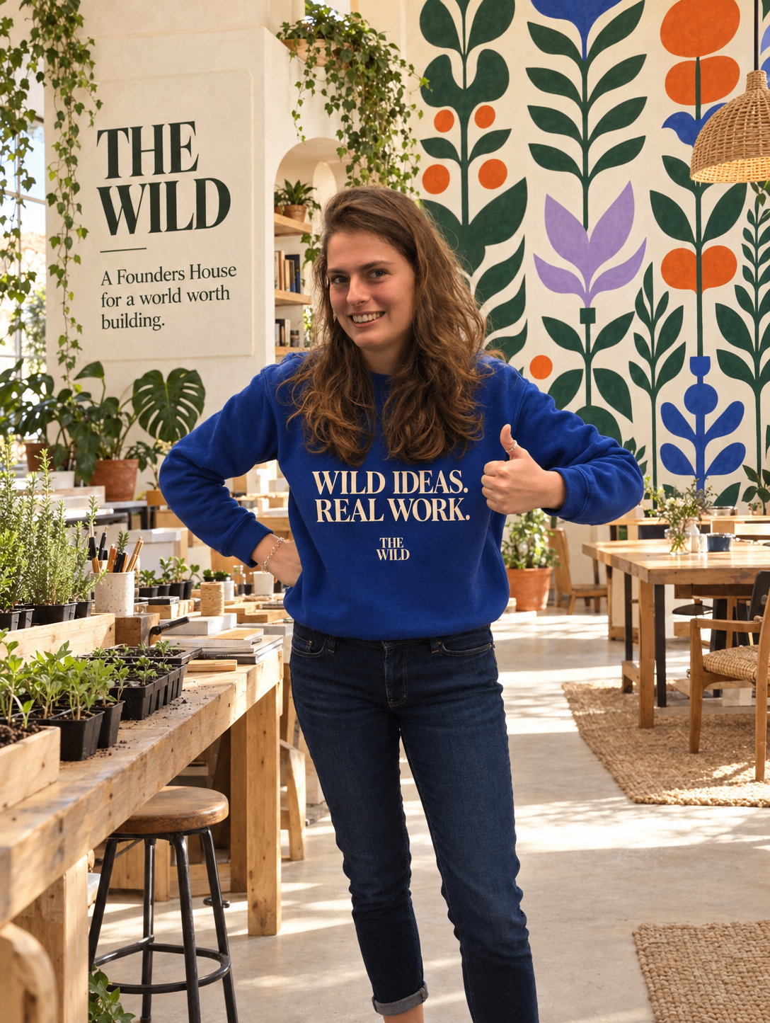 A founder in a Wild Ideas. Real Work. sweatshirt inside The Wild house